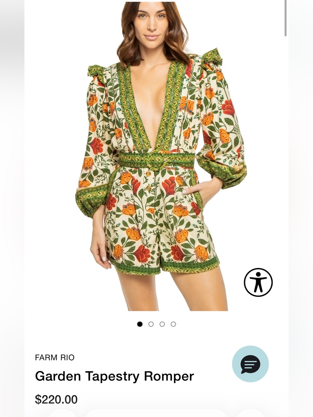 Tags on brand new: FARM Rio Green-Trim Floral V-Neck Belted Romper